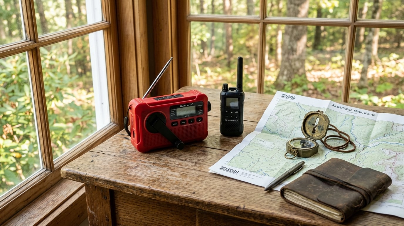 Off-grid communication tools on a wooden table: hand-crank radio, two-way radio, paper map, compass and journal