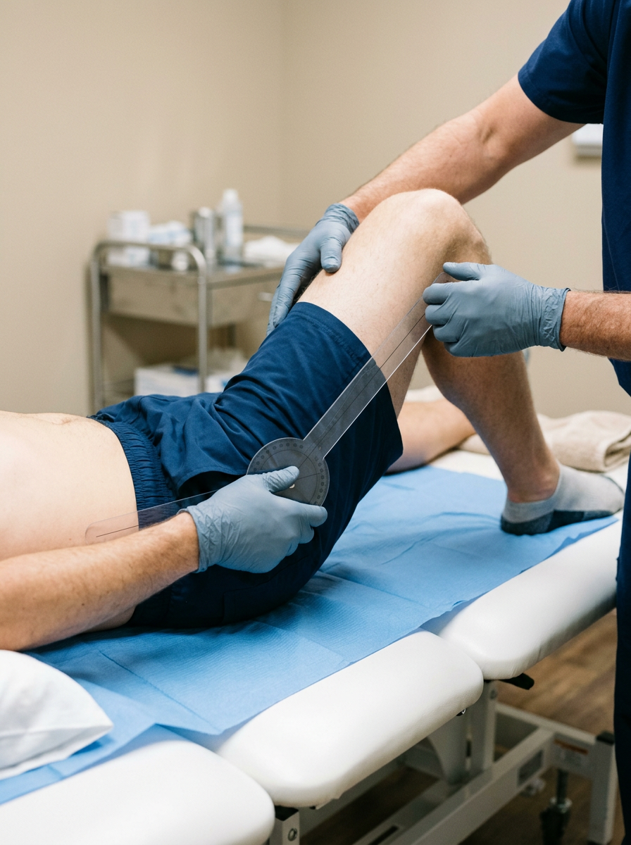 Close-up of clinician hands holding a goniometer against a patient hip and thigh measuring flexion angle on an exam table