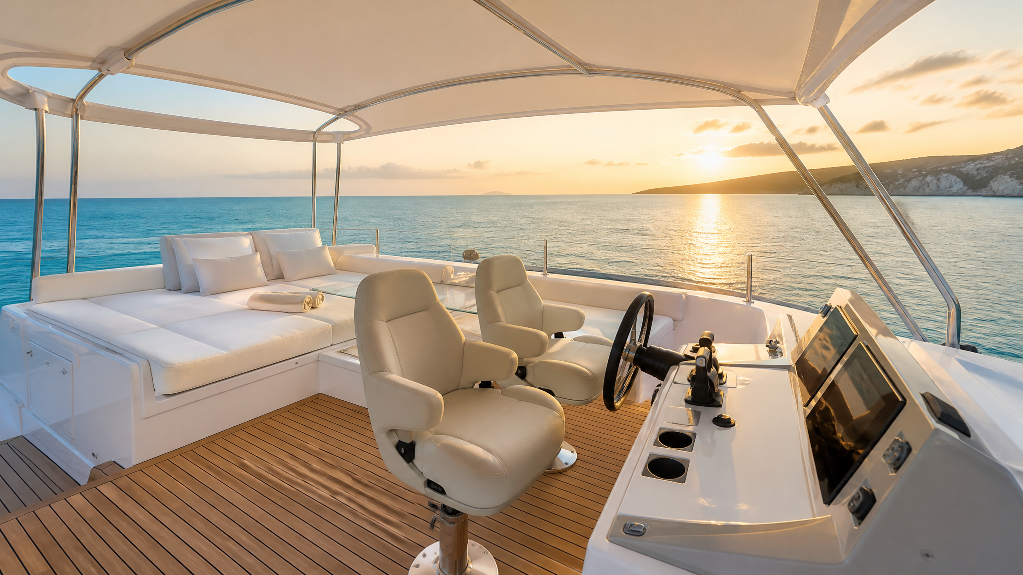 Flybridge of the Elysor 50 with helm station and sun lounger