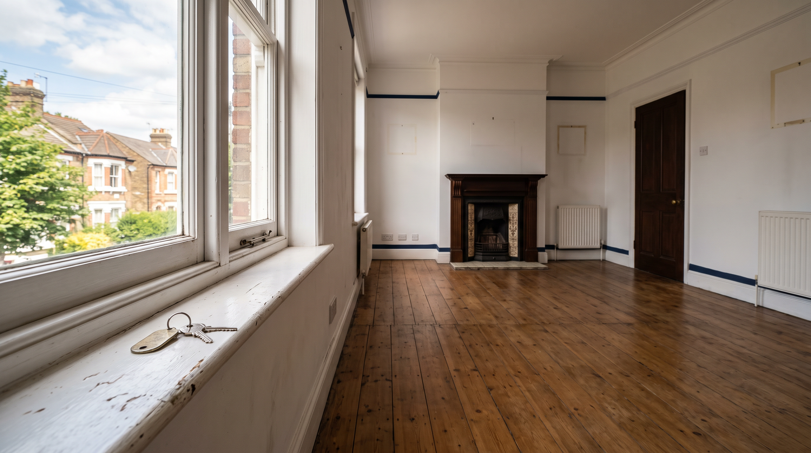 Empty vacated UK rental property with house keys resting on a windowsill