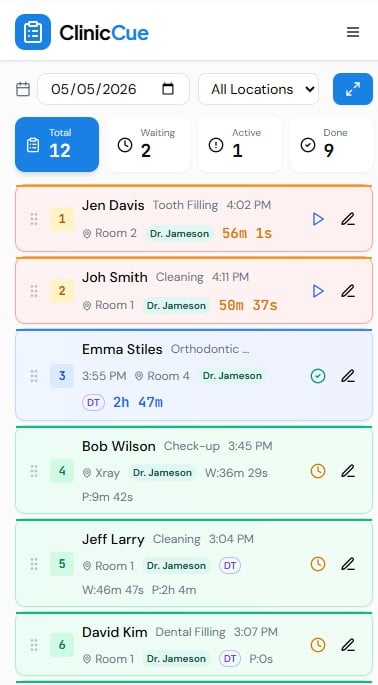ClinicCue mobile view showing compact patient queue on a phone screen