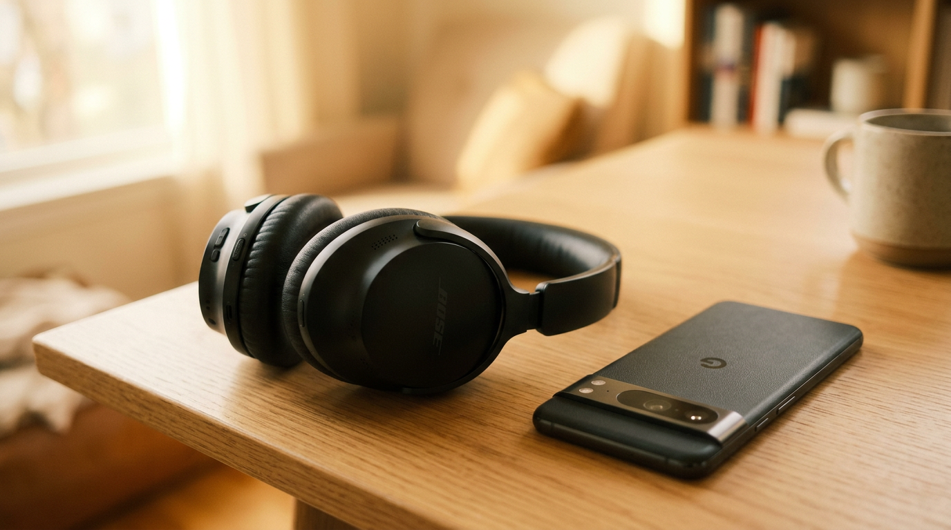 Fones de ouvido com cancelamento de ruído e celular virado para baixo
