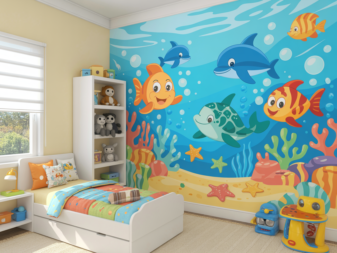 Bunte Unterwasserwelt als Wandbild im Kinderzimmer