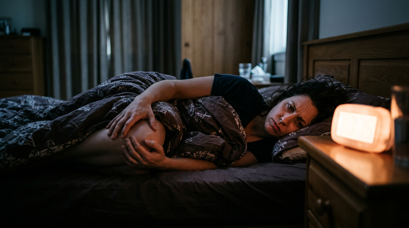 Photograph of a person lying awake in bed at night rubbing their aching knee under the covers
