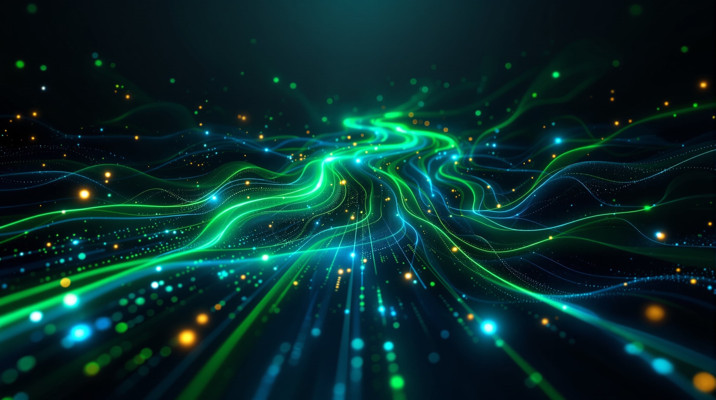 Digital education landscape with flowing green and blue data streams