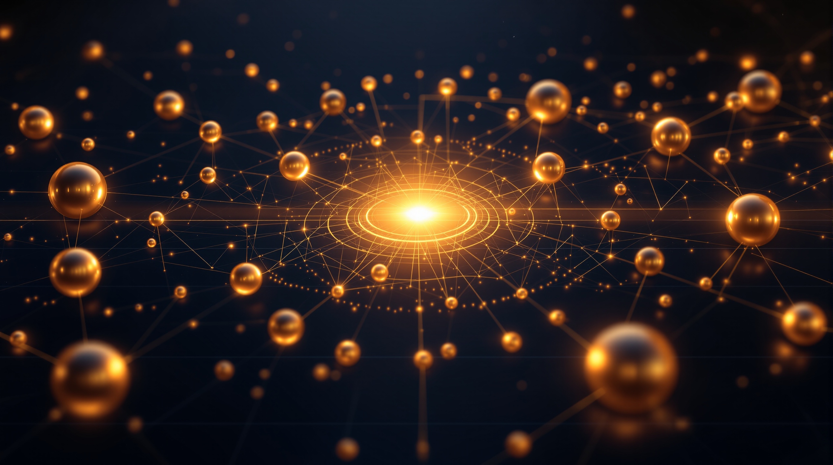 Orchestriertes Multi-Agent-System mit goldenen Knoten und Verbindungen auf dunklem Navy-Hintergrund als Symbol für Agenteninfrastruktur und offene Standards