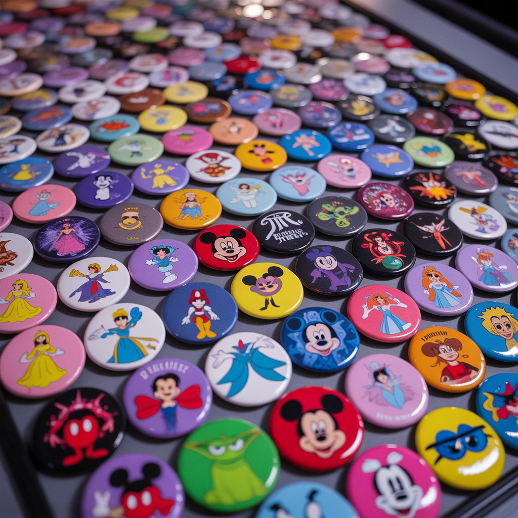 Colorful Disney character collectible pins arrangement