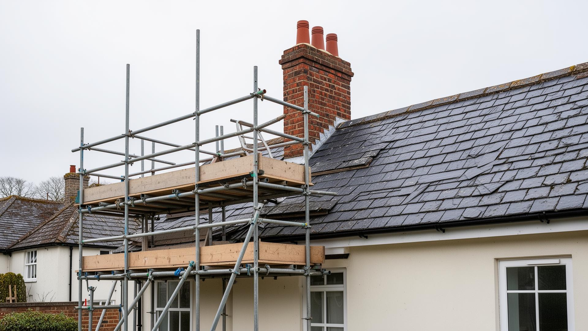 Chimney repair scaffolding on roof