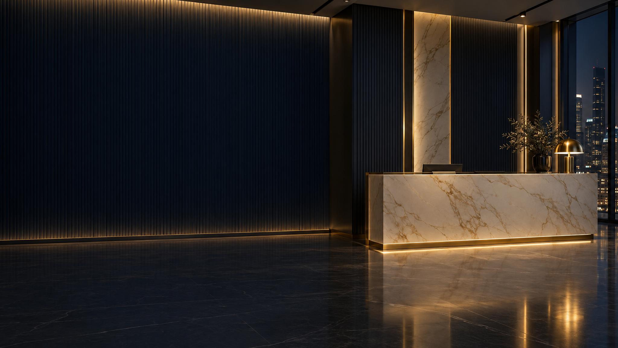 Lobby corporativo de mármol con acabados dorados de Temis Lawyers