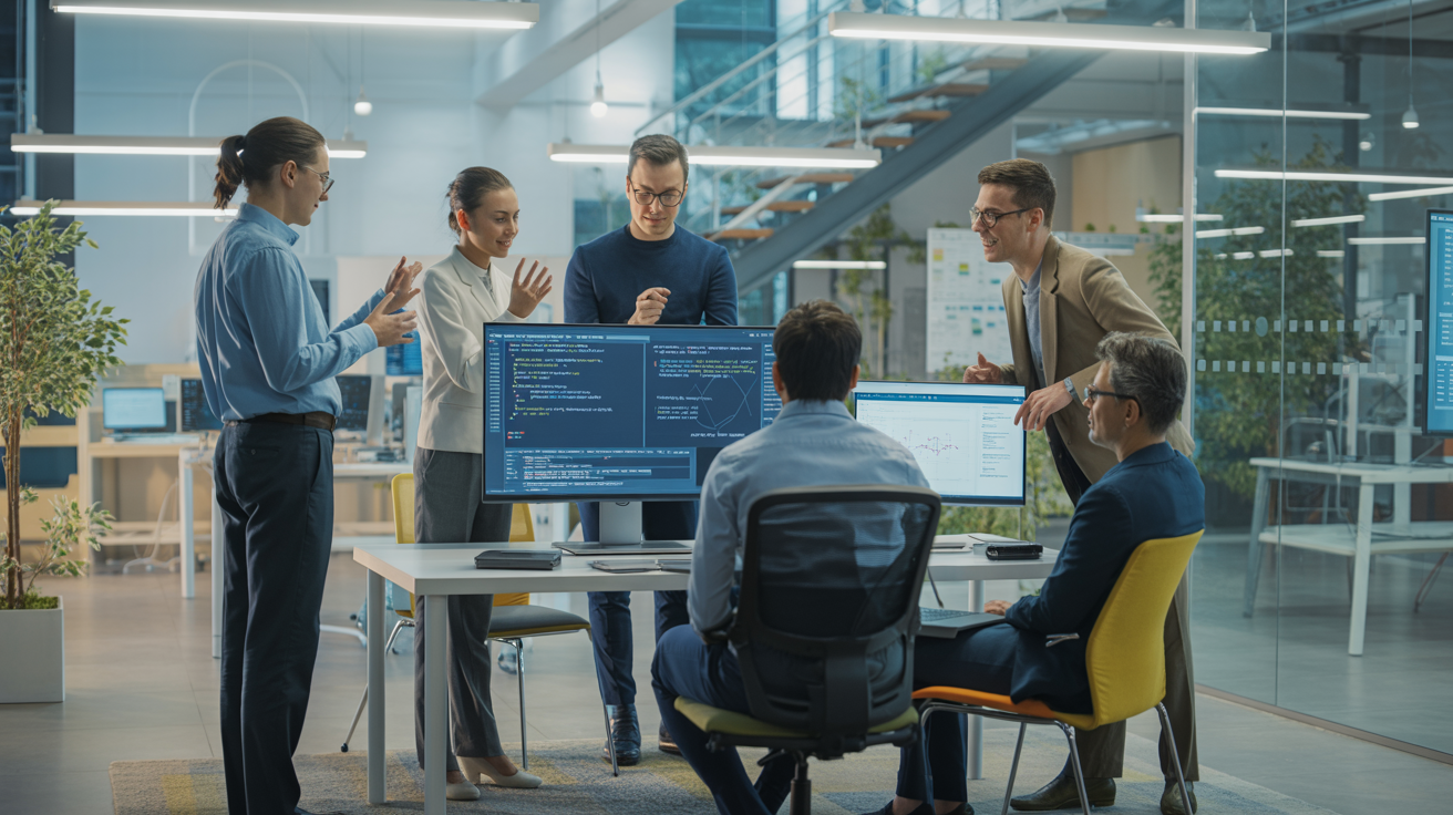 Professional team collaboration at Sentient Solutions office