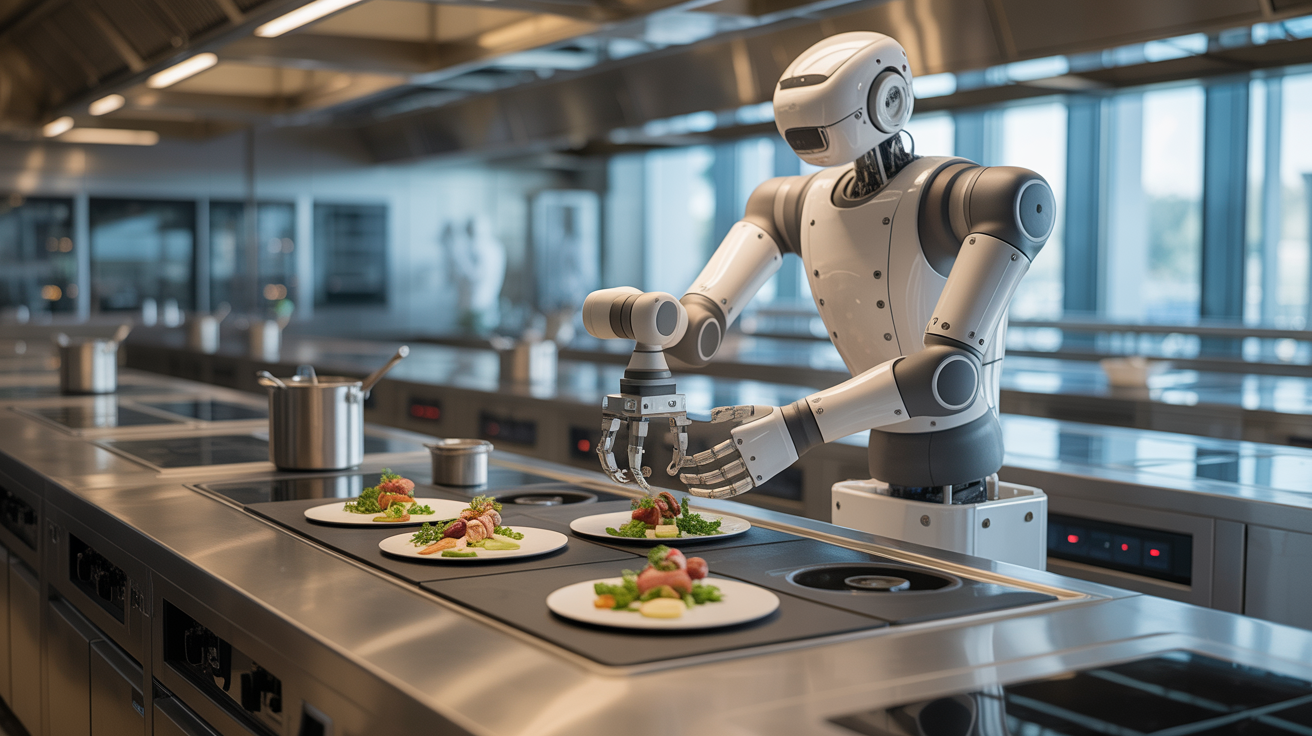 Robotic kitchen assistant preparing food in restaurant