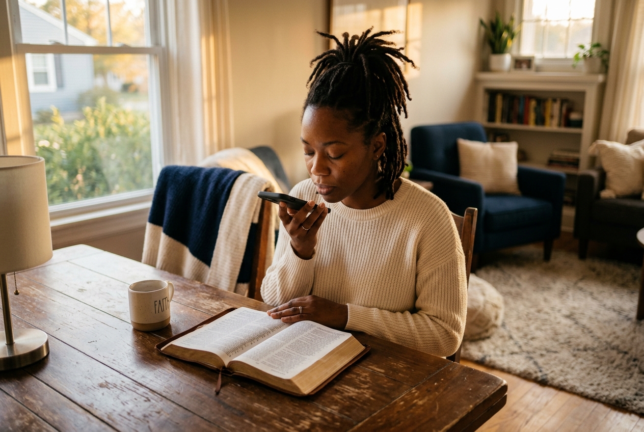 A woman speaking a personal prayer softly into her phone in a peaceful home, an open Bible resting on the table nearby