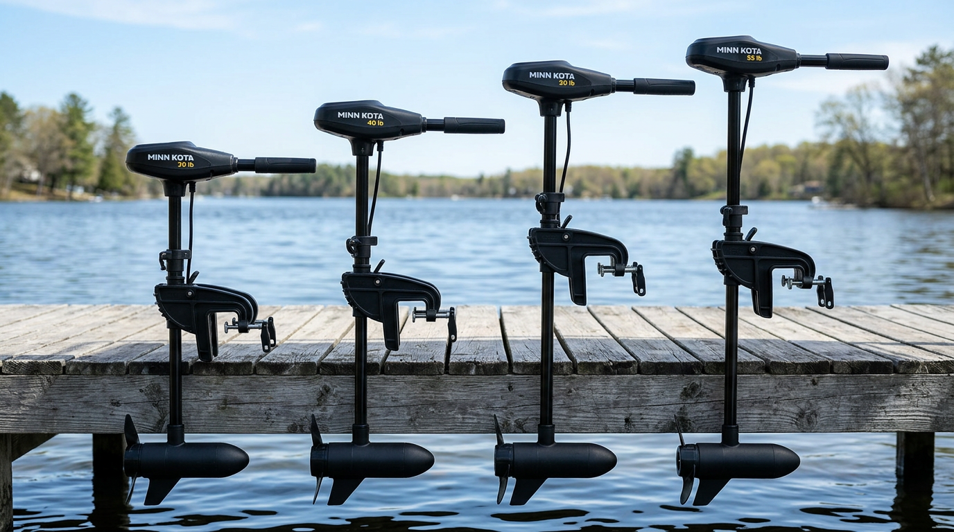 Four Minn Kota Endura transom mount trolling motors of graduating sizes lined up on a dock representing 30, 40, 50 and 55 lb thrust options