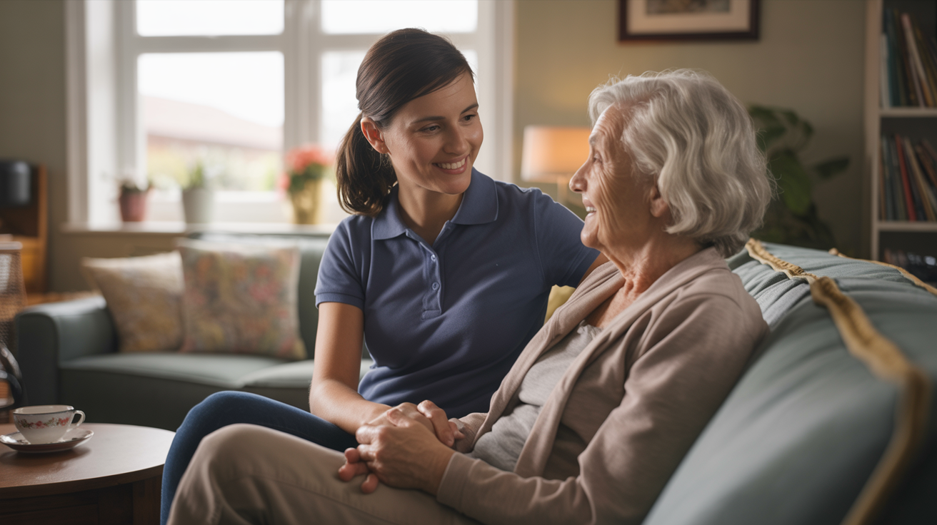 Carer and elderly woman sharing a warm conversation on a sofa