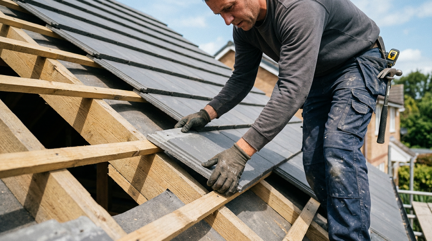 Roofer laying new roof tiles