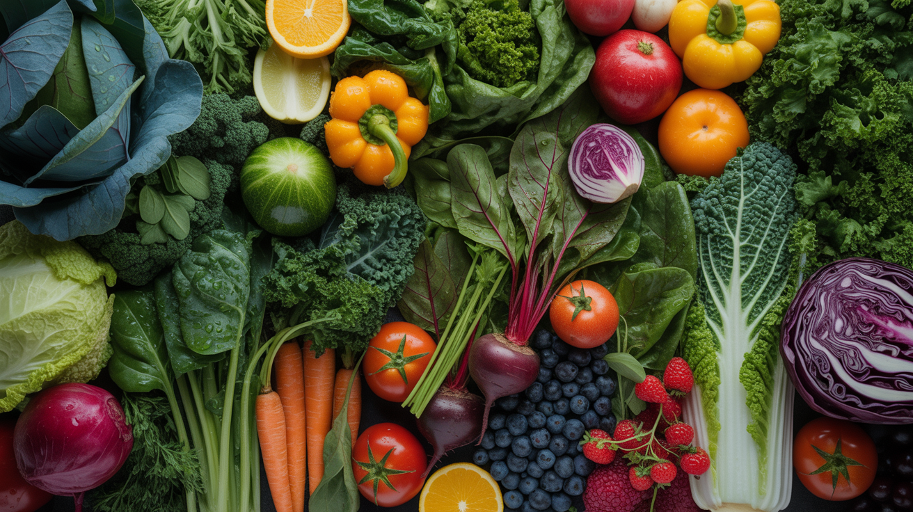 Raznovrsno voće i povrće kao simbol zdrave ishrane, energije i uticaja hrane na svest i telo