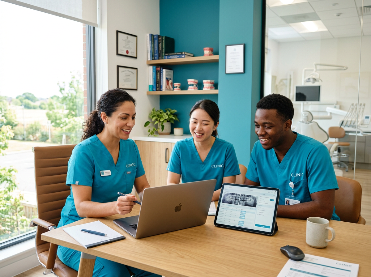 Dental team reviewing their migration checklist together on a laptop and tablet