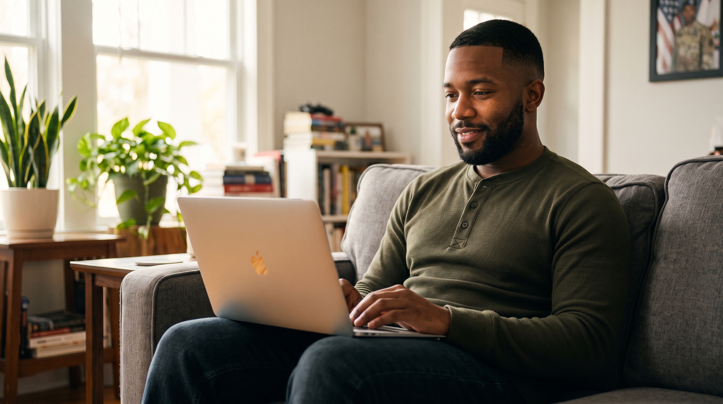 A veteran starting an online VA claim on a laptop