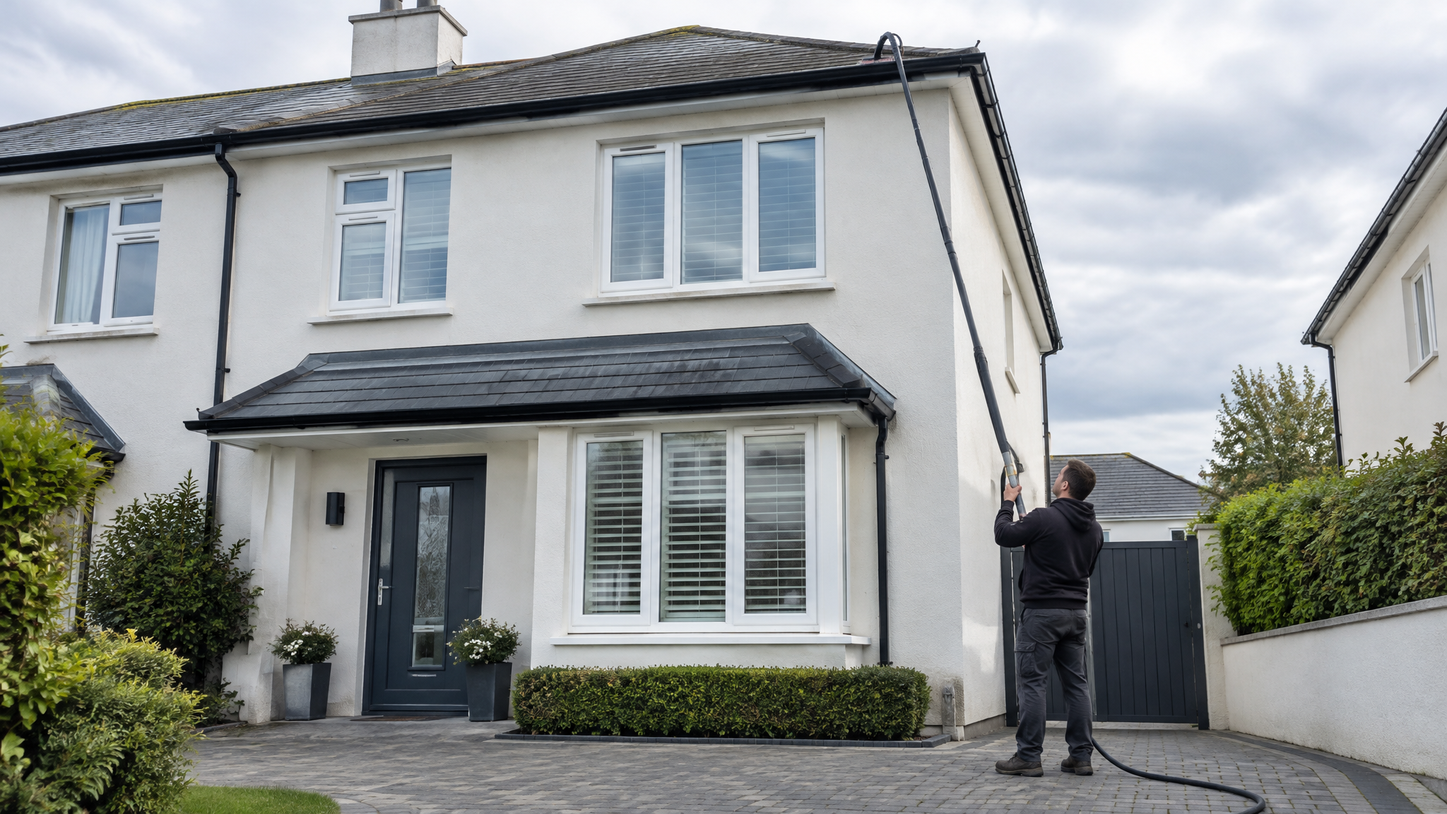 Gutter vacuum pole cleaning gutters of a two-storey Irish house