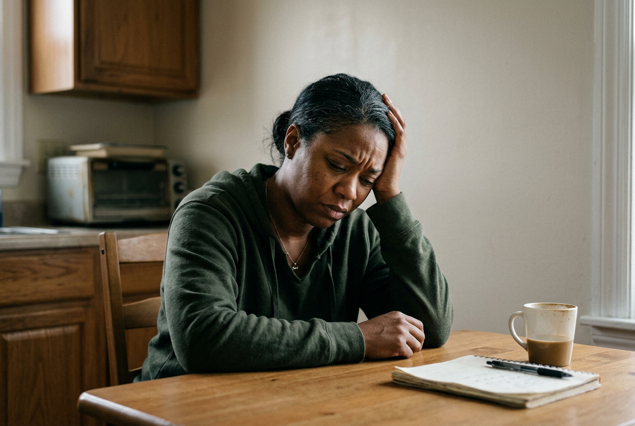 A woman veteran sitting at a kitchen table in daytime, forehead resting heavily on her hand, consumed by worry