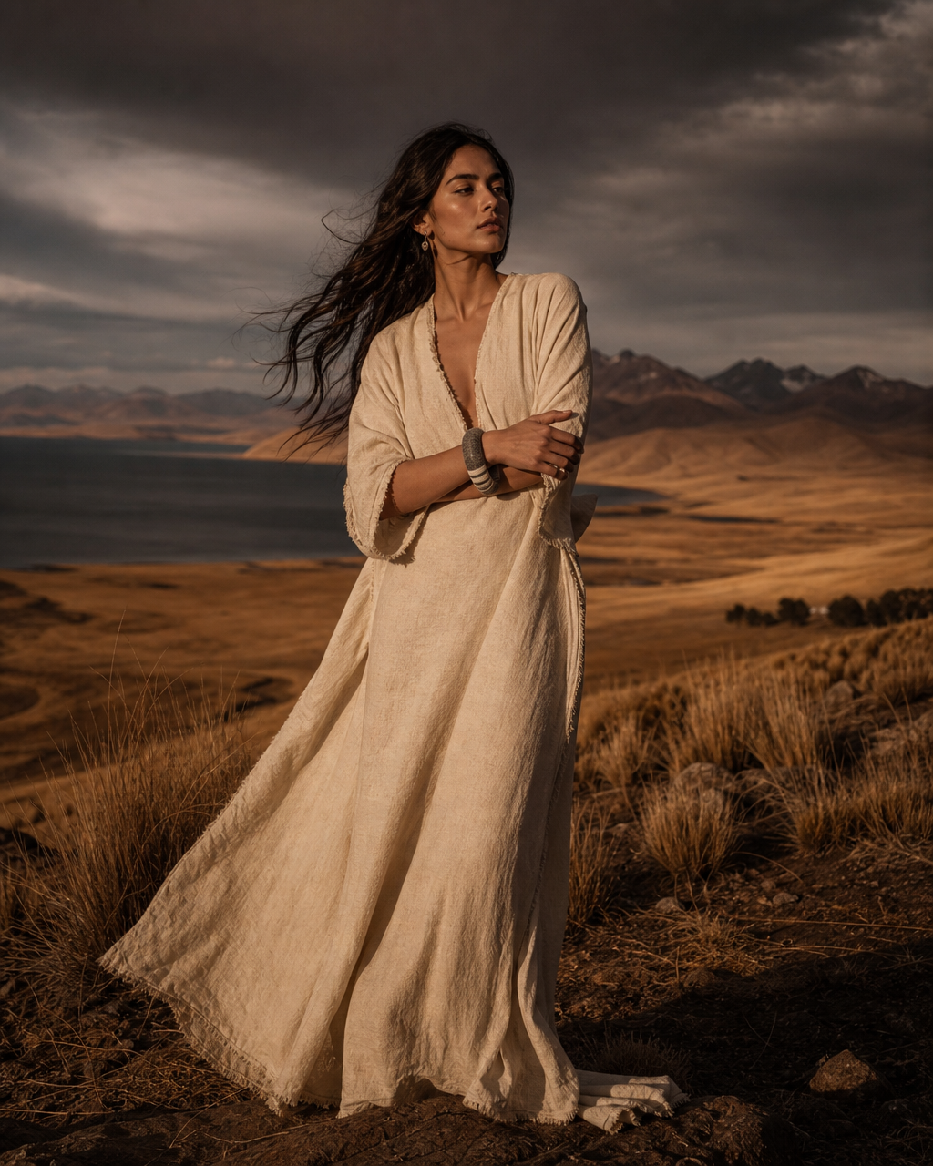Model wearing the Tiwanaku Bangle near Lake Titicaca