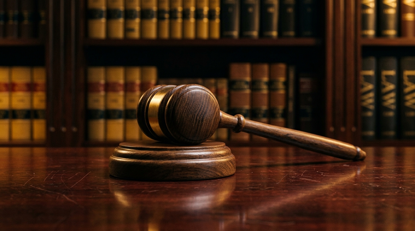 Professional judge's gavel resting on a polished mahogany desk with warm elegant lighting