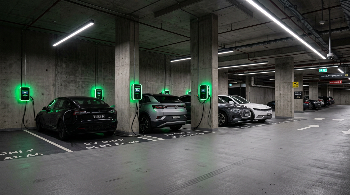 Apartment parking garage with multiple EV charging stations mounted on pillars