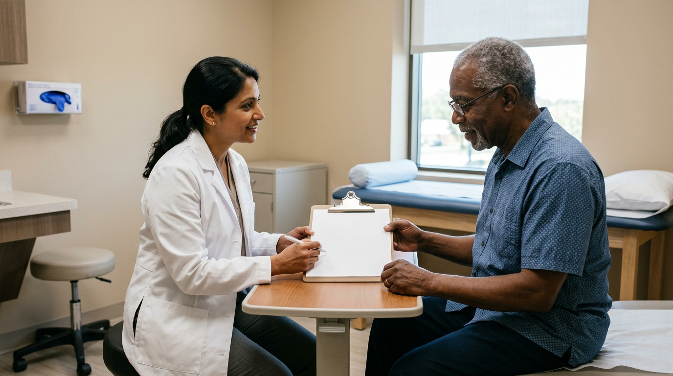 South Asian female urologist reviewing a voiding diary with a Black male veteran in an exam room