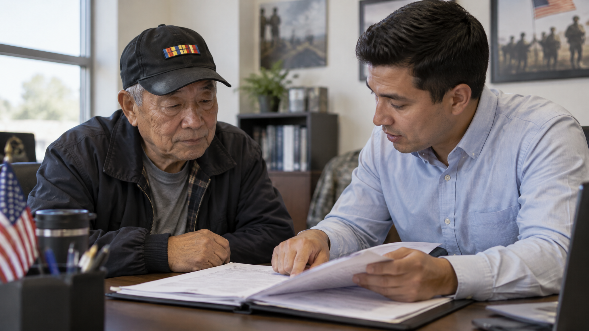 An older veteran in his veteran cap reviewing his file across a desk with his advocate