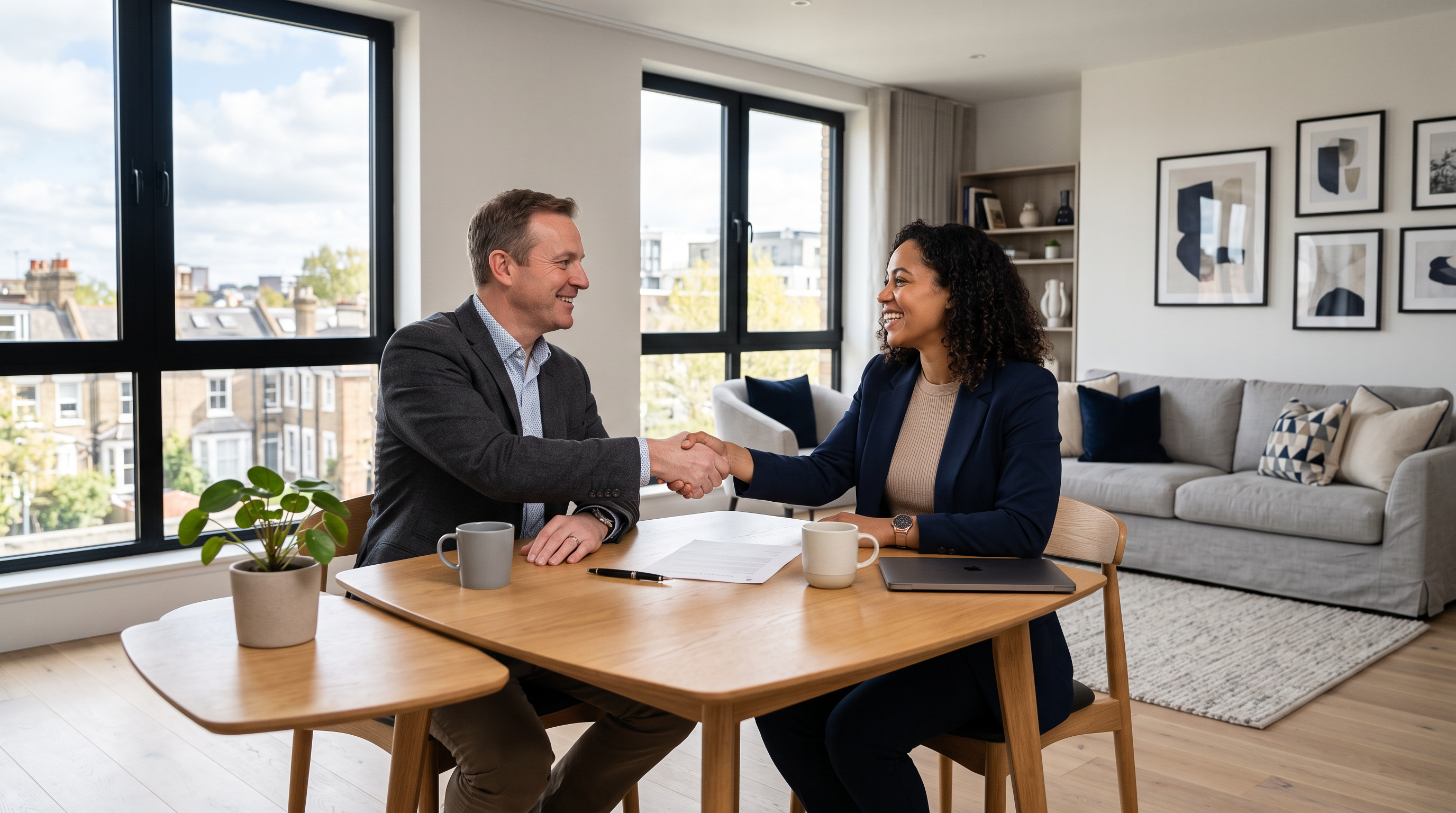 Landlord and tenant shaking hands across a table in a modern UK apartment