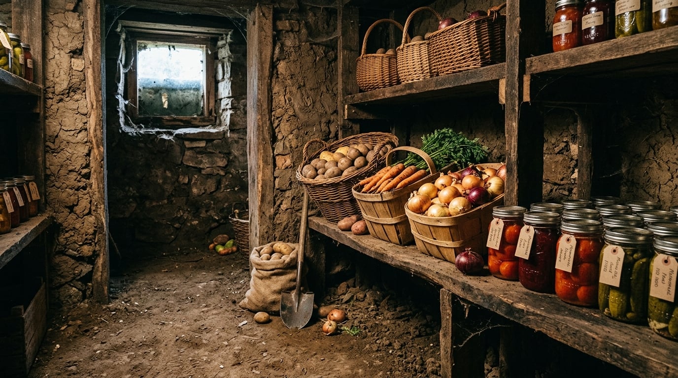 A simple earthen root cellar with wooden shelves holding baskets of root vegetables and jars of preserves