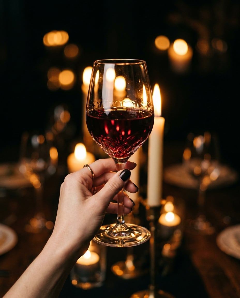 Wine glass in warm candlelight ambiance
