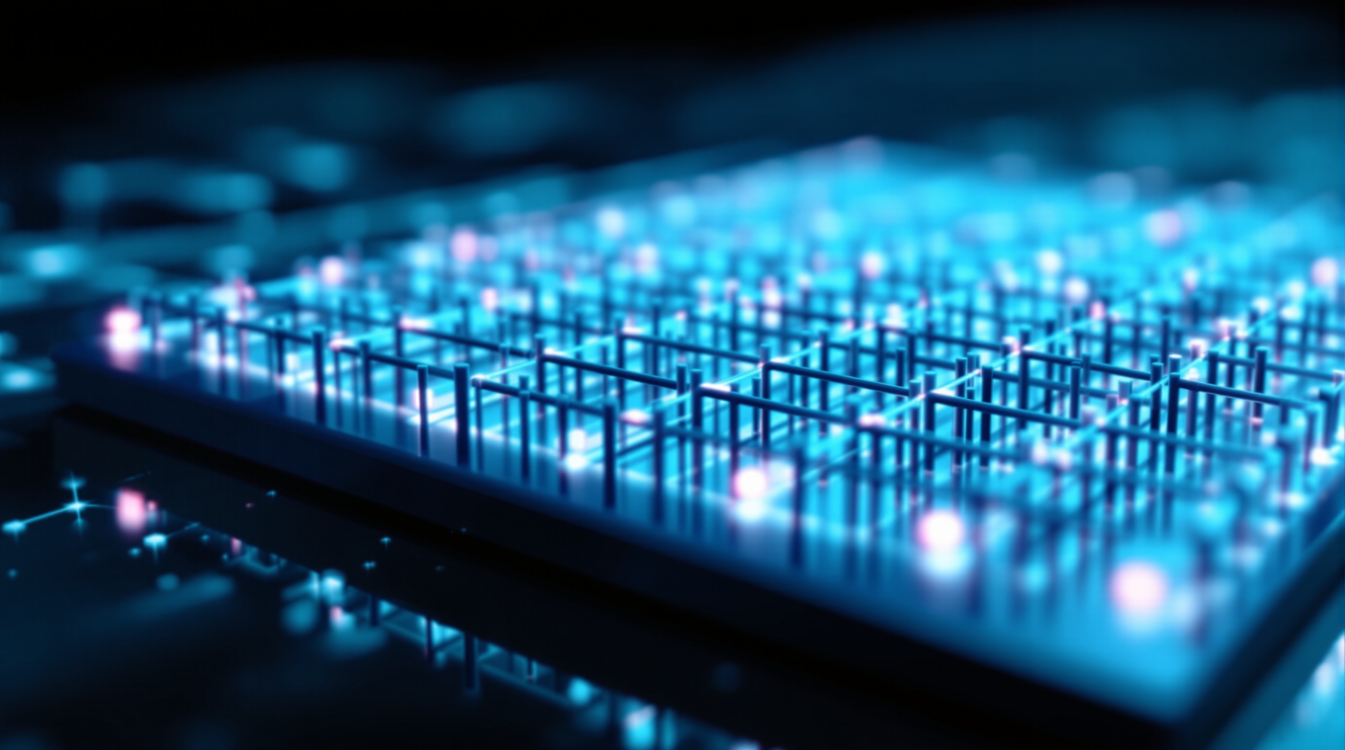 Photographie d'une matrice crossbar memristive nanométrique sur wafer de silicium avec éclairage bleu-turquoise