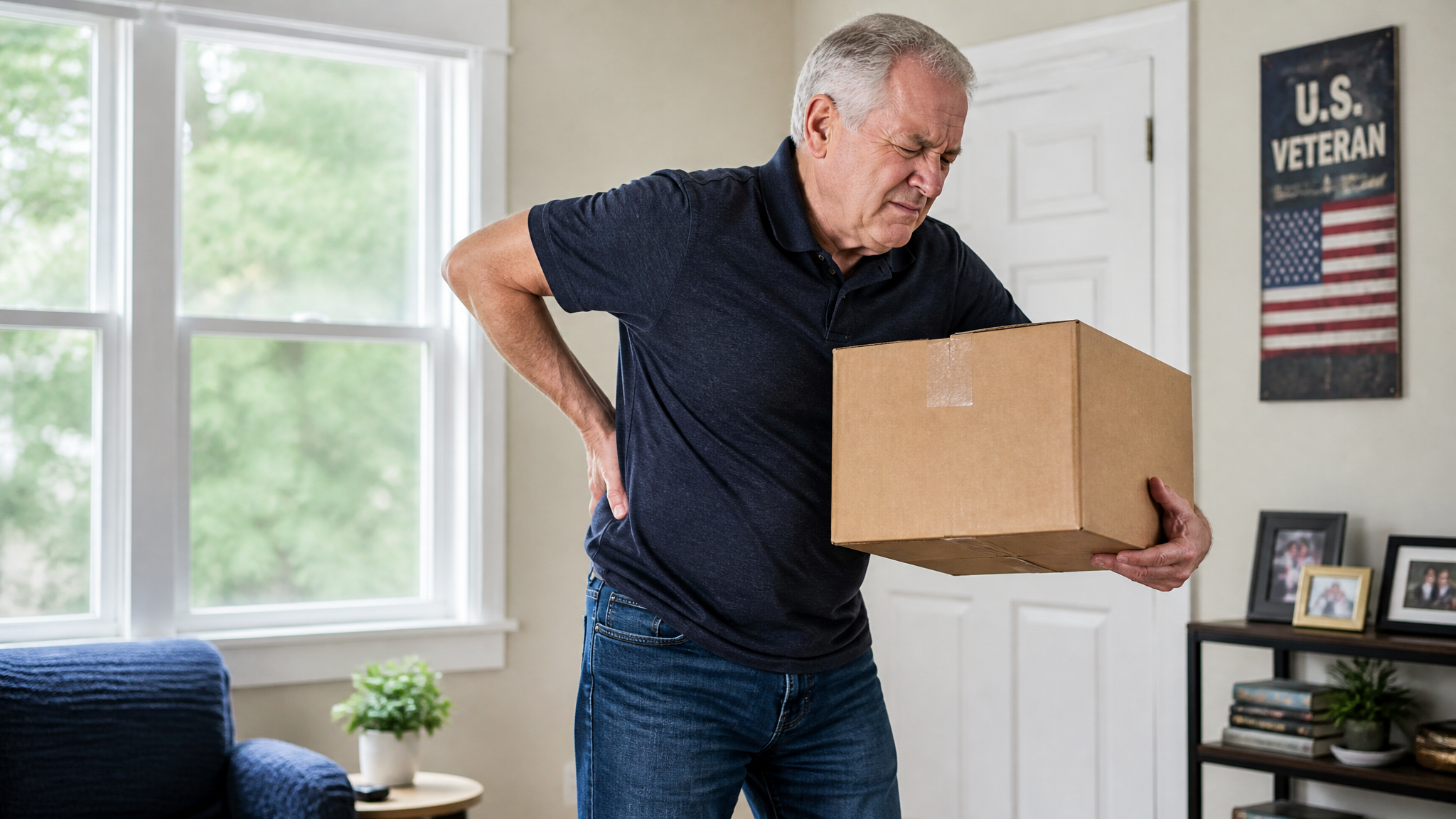 Older white male veteran struggling to lift and carry a box because of restricted low-back motion