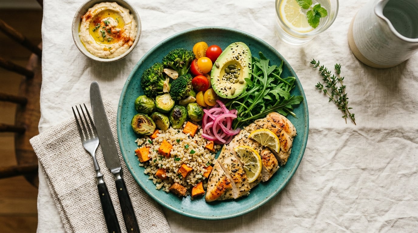 A colourful, balanced plate of safe foods representing a personalised recovery plan
