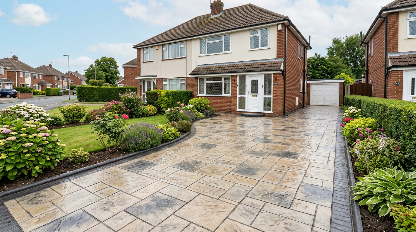 Pattern imprinted concrete driveway