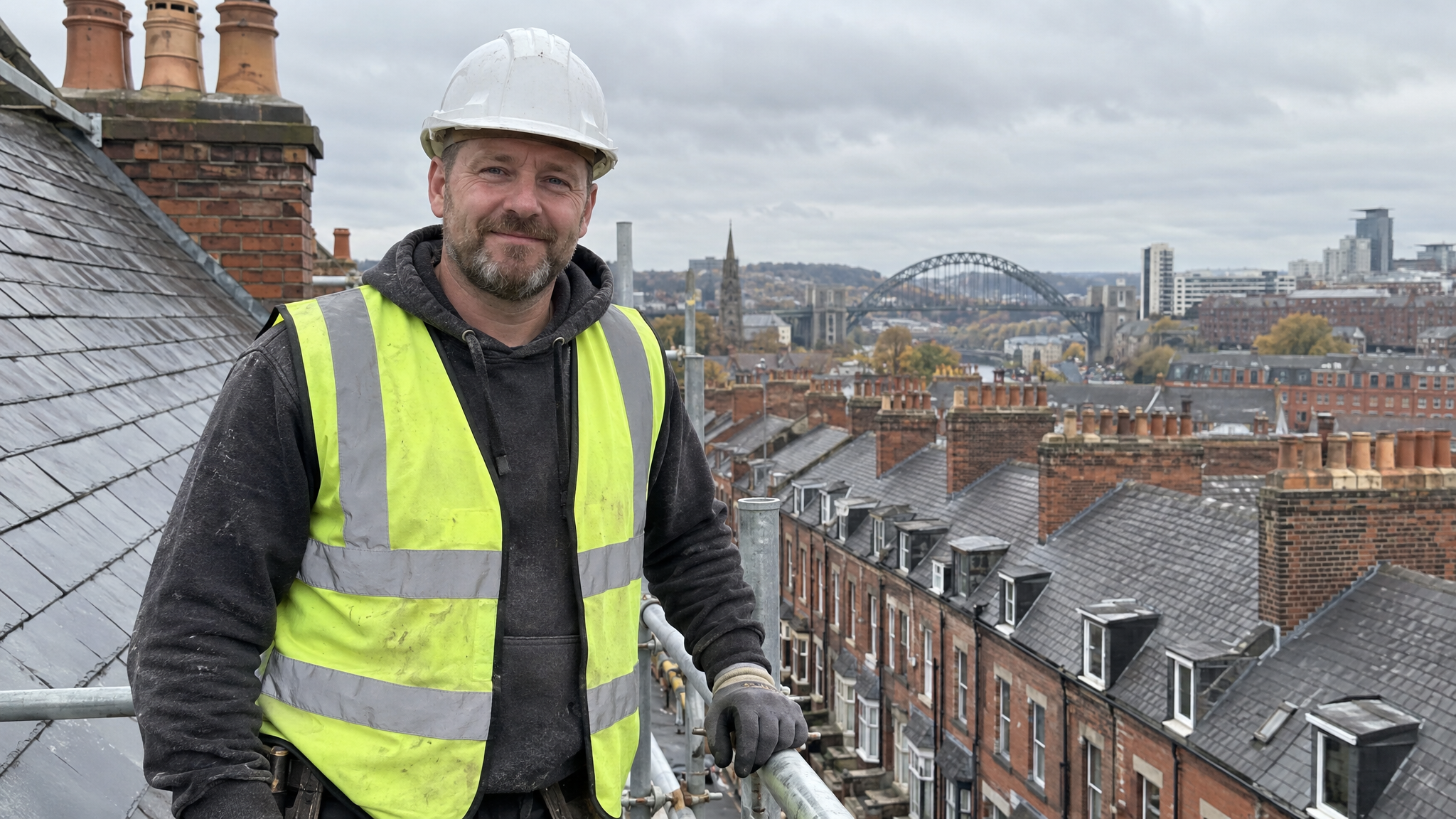 Roofer on scaffolding overlooking Newcastle upon Tyne rooftops and the Tyne Bridge