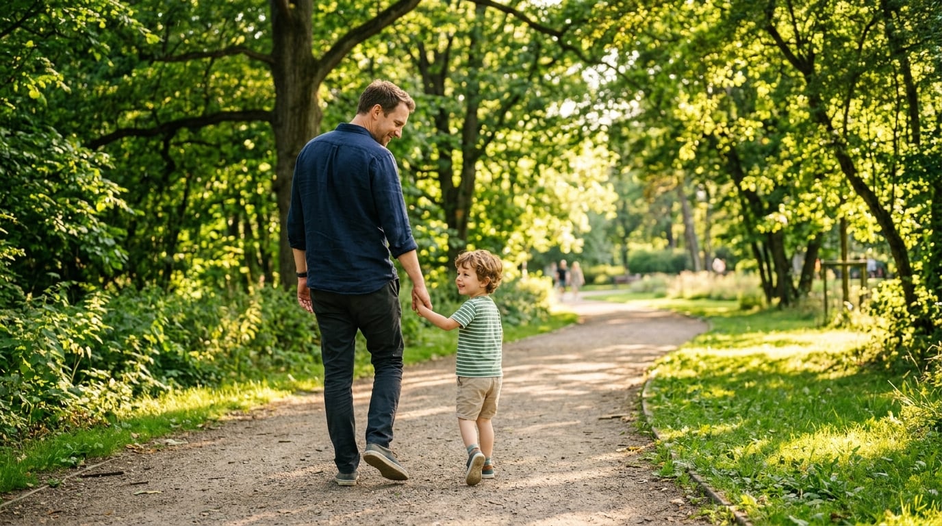 Father and child walking together in a park