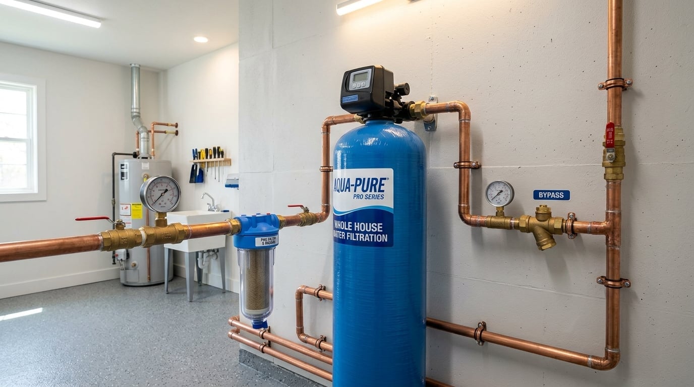 Modern water filtration system installation in a San Antonio home