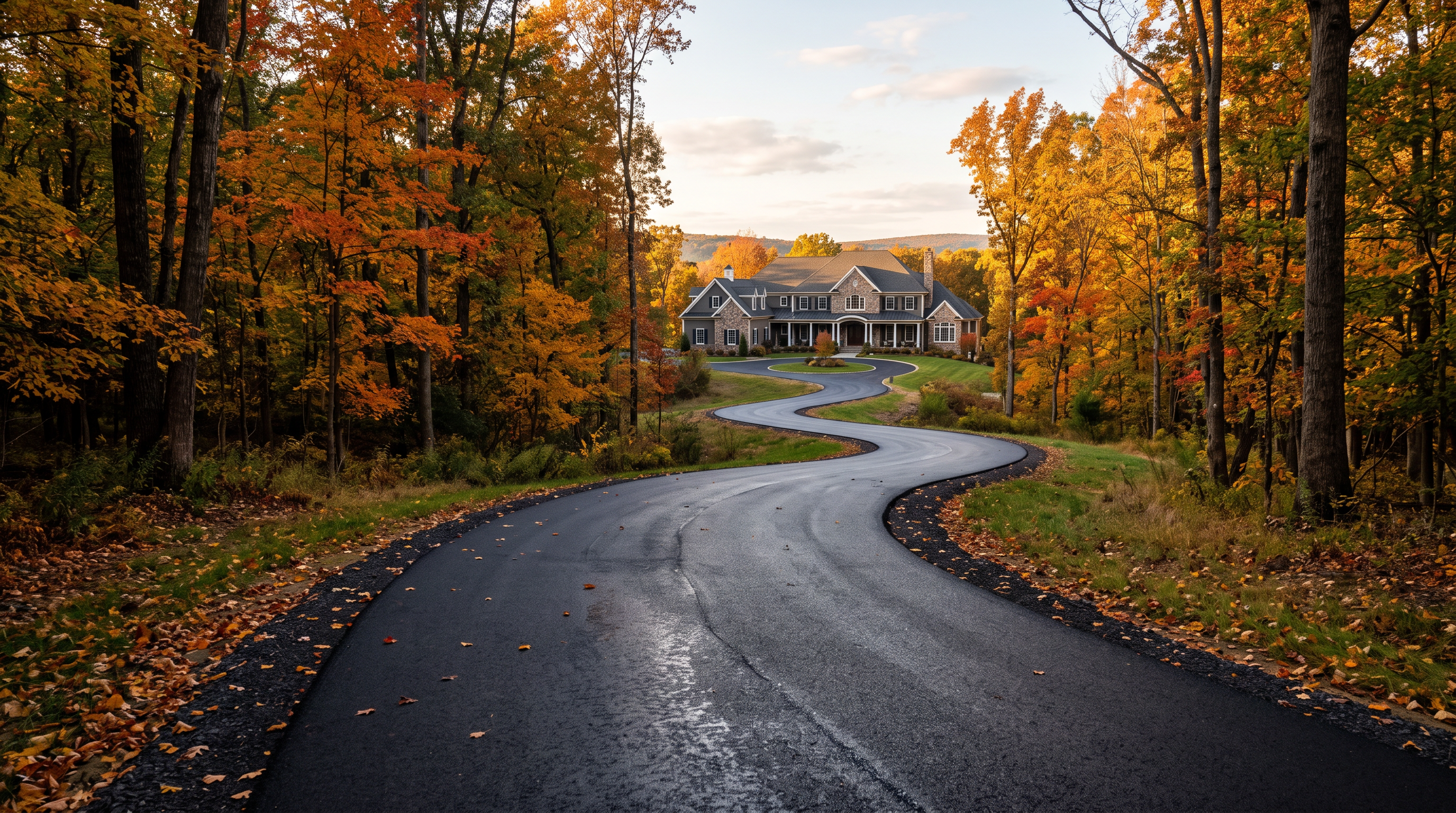 Winding private asphalt road to NJ estate in autumn