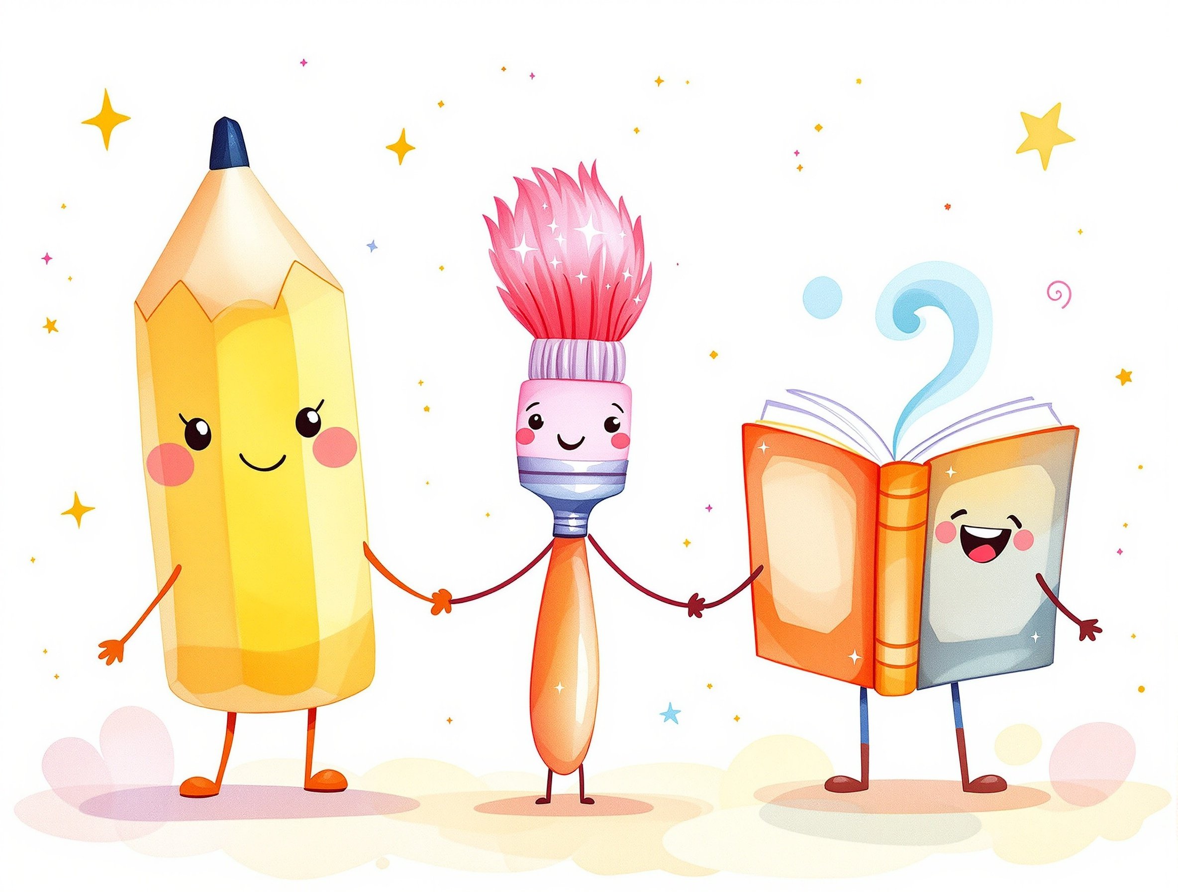 Cute animated pencil, paintbrush, and book characters holding hands