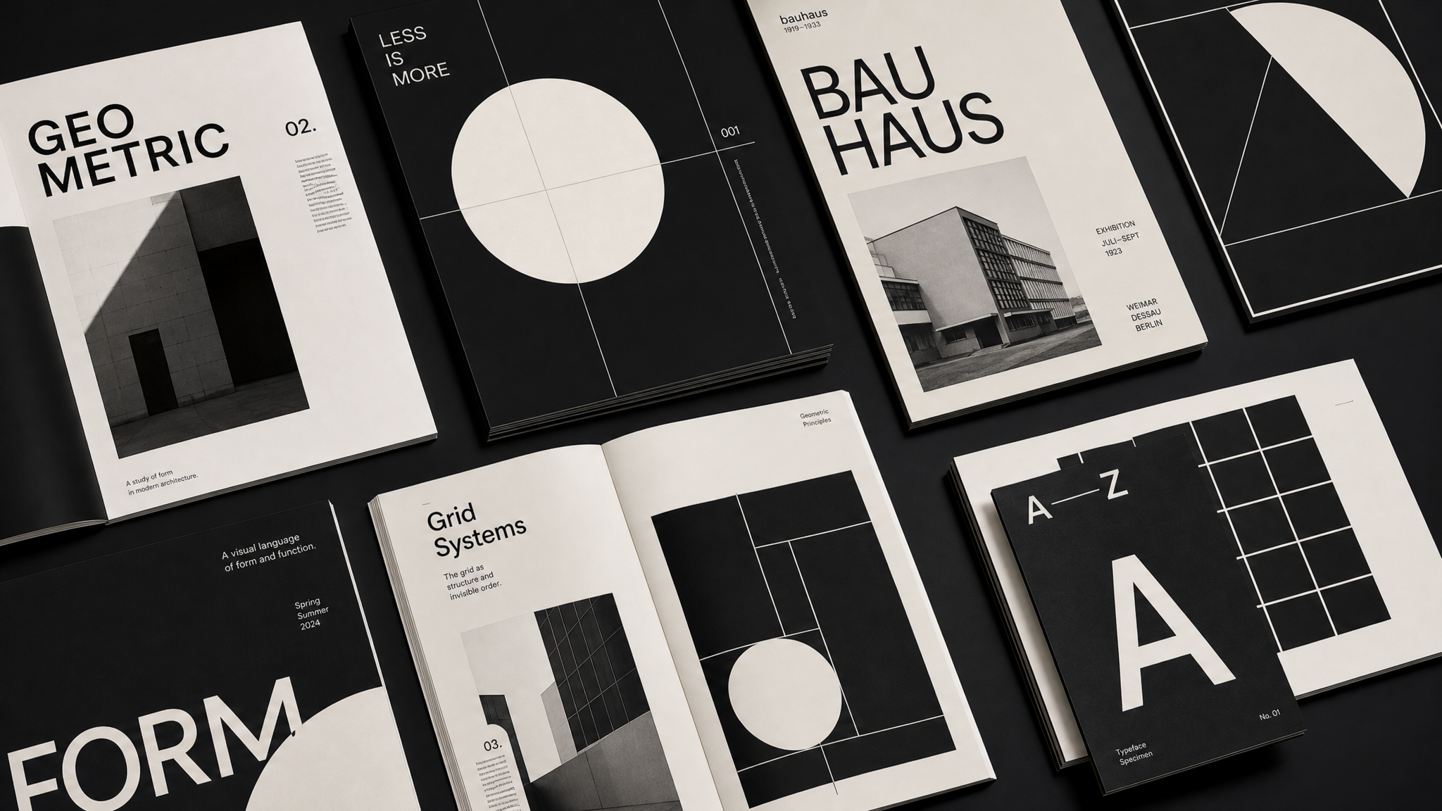 Flat-lay of editorial print spreads with bold grid typography
