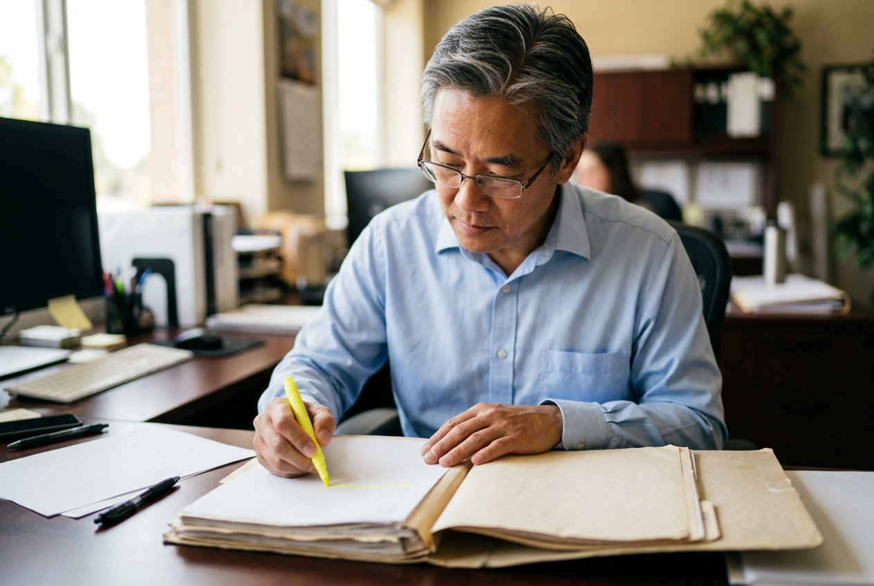 An accredited advisor closely examining and highlighting a thick case file