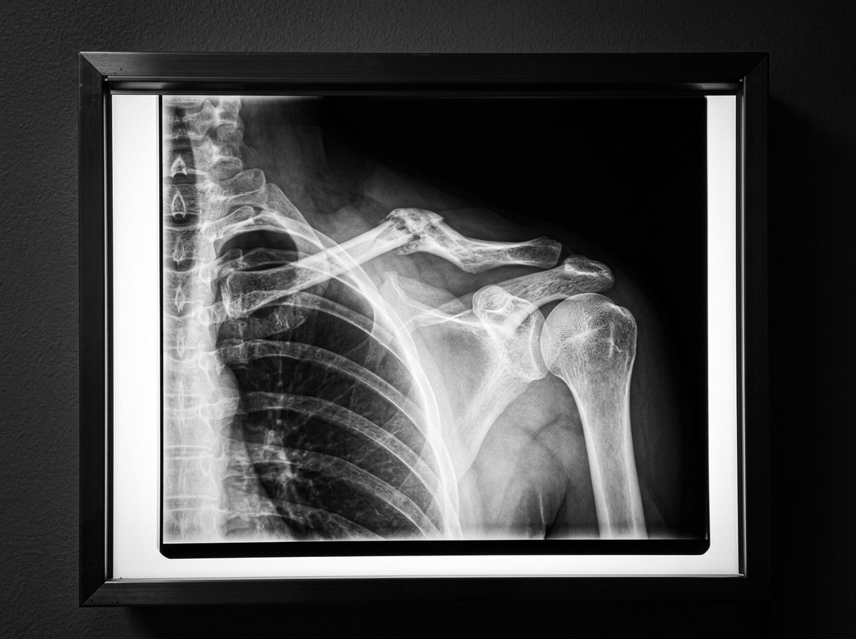 A close-up of a chest and shoulder X-ray on a backlit lightbox panel showing a healed clavicle fracture with visible malunion and angulation
