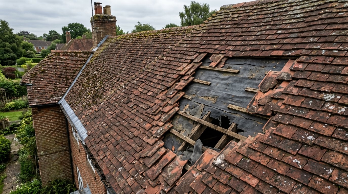Damaged roof tiles showing wear and missing pieces
