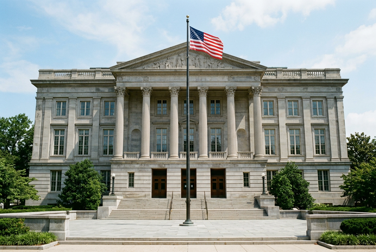 The dignified exterior of a government administrative building