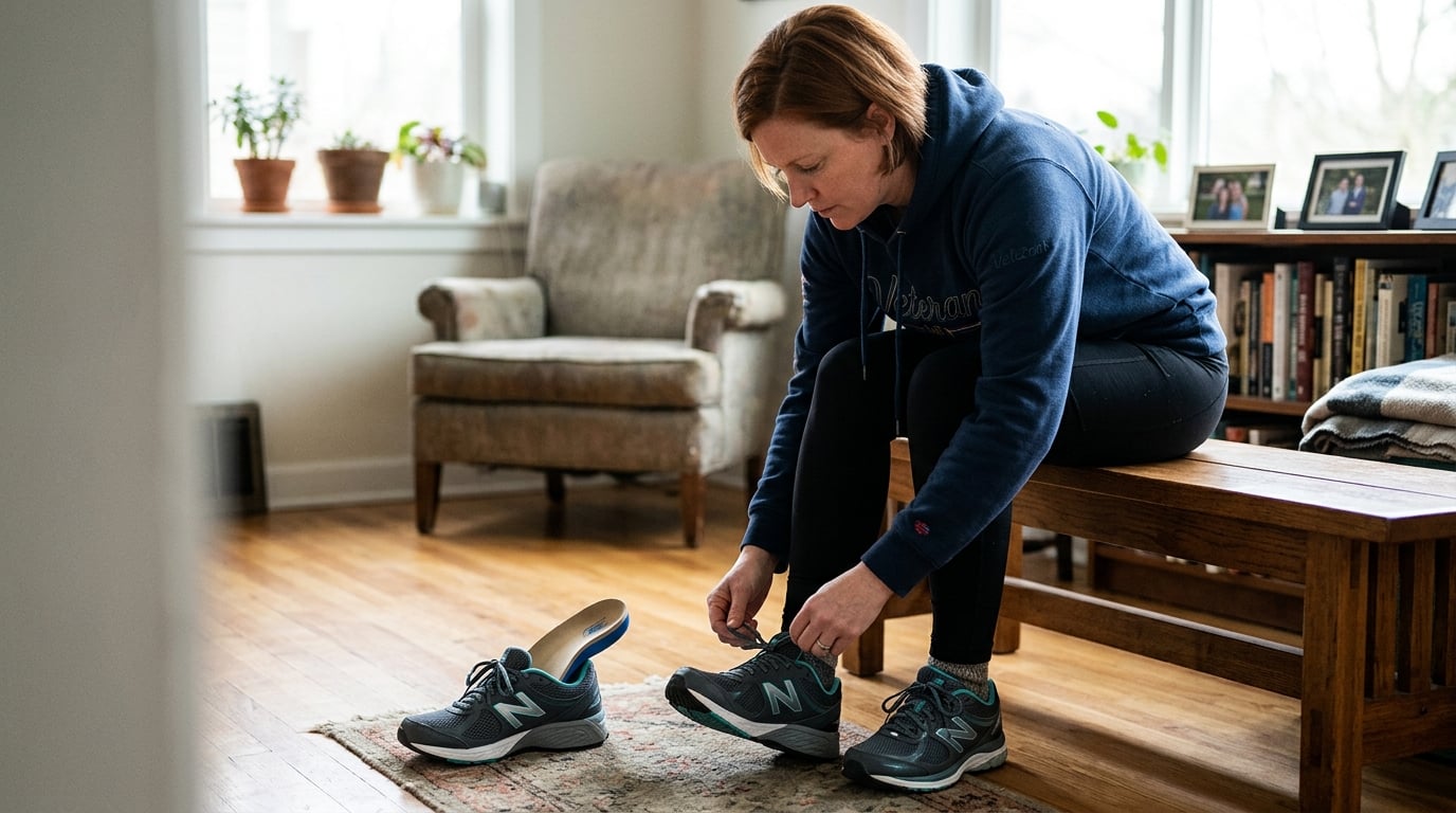A woman veteran lacing supportive orthotic shoes