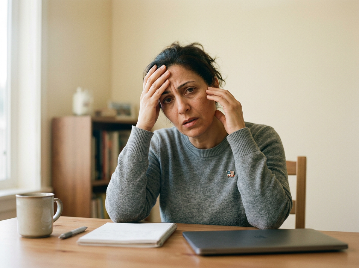 Middle Eastern female veteran at desk showing confusion and cognitive fog