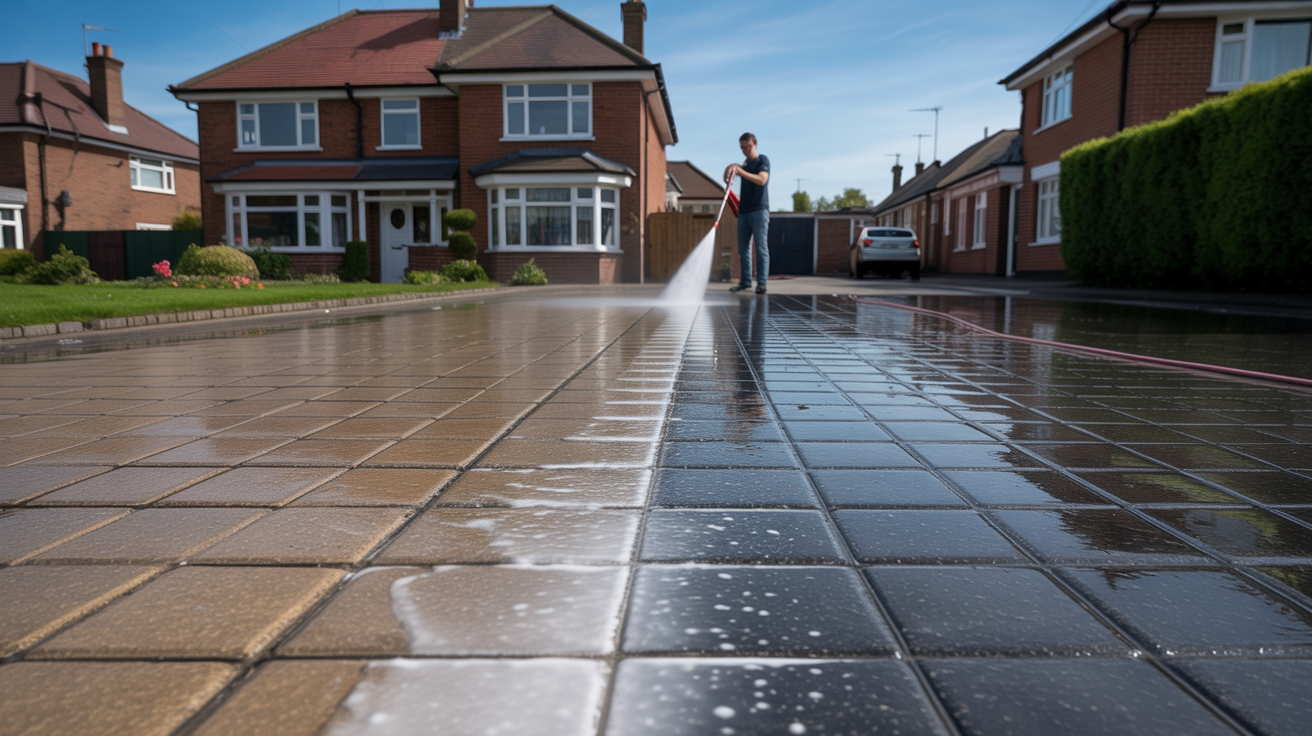 Professional worker pressure washing a dirty driveway showing a clean section