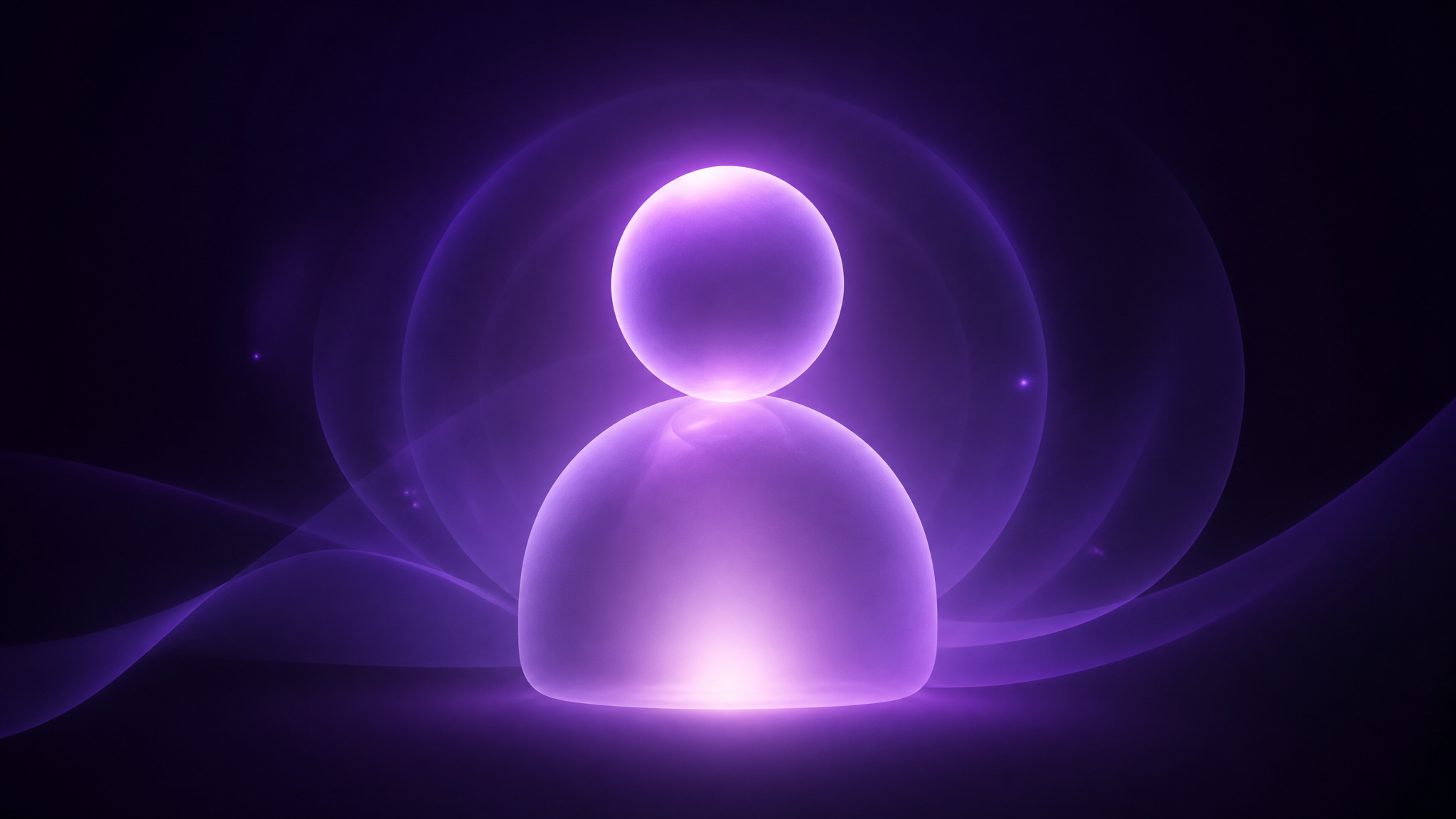 An abstract friendly AI-character presence — a softly glowing violet frosted-glass avatar orb with a warm approachable feel, rendered on a near-black violet background